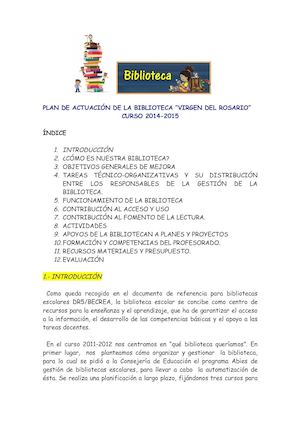 Plan de actuación Biblioteca CEIP Virgen del Rosario