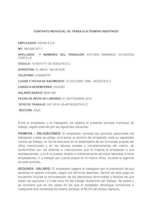 Contrato Individual De Trabajo A Término Indefinido