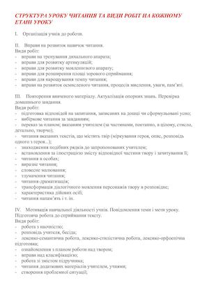 Структура уроку читання та види робіт на кожному етапі уроку