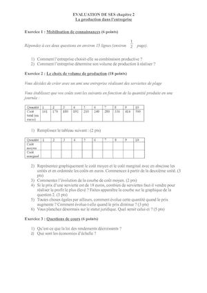 Evaluation Couts Production SES 1ere ES