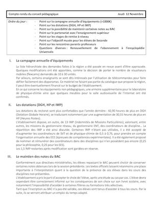 Compte Rendu Du Conseil Pédagogique (Jeudi 12 Novembre)