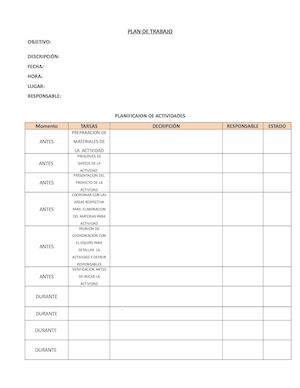 Plan De  Actividades Para Eventos