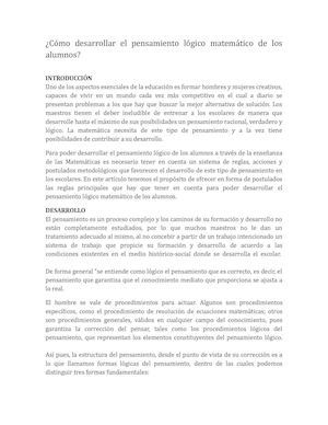 Cómo Desarrollar El Pensamiento Lógico Matemático De Los Alumnos