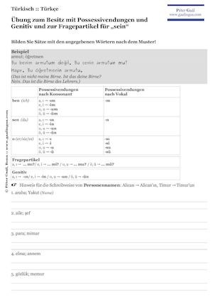 Türkisch A1 Übung u. Erklärung zu Possession/Besitz, Genitiv u. Fragepartikel für „sein“; Niveau gemäß GER: A1