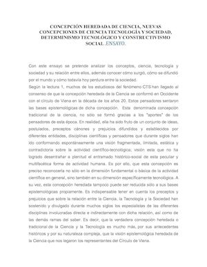 CONCEPCIÓN HEREDADA DE CIENCIA, NUEVAS CONCEPCIONES DE CIENCIA TECNOLOGÍA Y SOCIEDAD, DETERMINISMO TECNOLÓGICO Y CONSTRUCTIVISMO SOCIAL .ENSAYO.