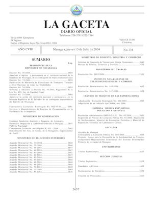 Gaceta No 138 Jueves 15 De Julio 2004