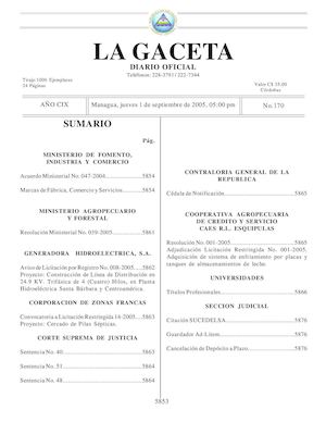 Gaceta No 170  Jueves 1 De Septiembre 2005