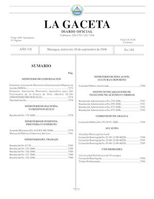 Gaceta No 182 Miércoles 20 De Septiembre 2006