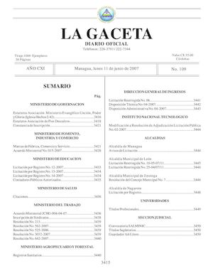 Gaceta # 109 Lunes 11 Junio 2007