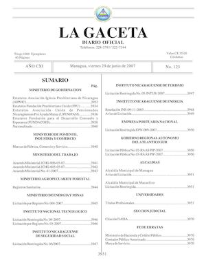 Gaceta # 123 Viernes 29 Junio 2007