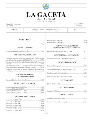 Gaceta # 114 Lunes 18 Junio 2007