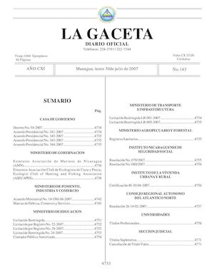 Gaceta # 143 Lunes 30 Julio 2007
