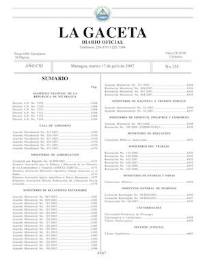 Gaceta # 135 Martes 17 Julio 2007