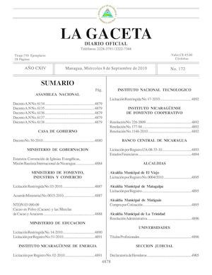 Gaceta # 172 Miécoles 8 De Septiembre 2010