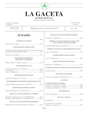 Gaceta # 116 Lunes 21 De Junio 2010