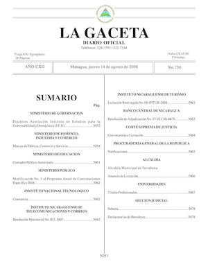 Gaceta # 156 Jueves 14 De Agosto 2008