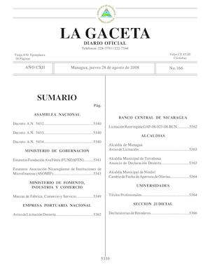 Gaceta # 166 Jueves 28 De Agosto 2008