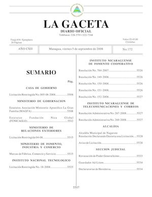 Gaceta # 172 Viernes 5 De Septiembre 2008