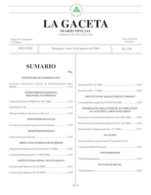 Gaceta # 158 Lunes 18 De Agosto 2008