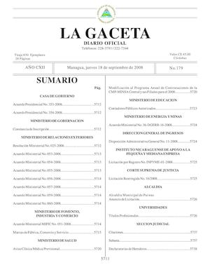 Gaceta # 179 Jueves 18 De Septiembre 2008