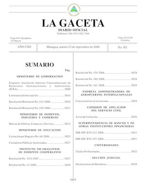 Gaceta # 182 Martes 23 De Septiembre 2008