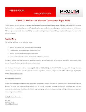 PROLIM Upcoming Webinar on Siemens Teamcenter Rapid Start