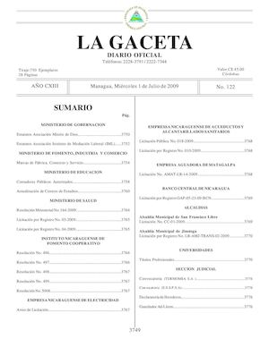 Gaceta # 122 Miércoles 1 De Julio 2009