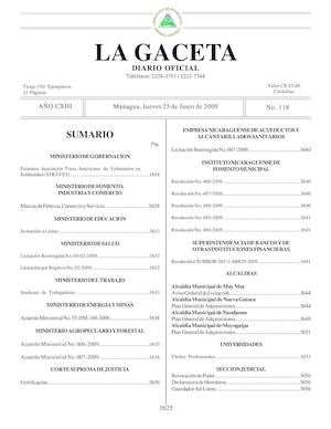 Gaceta # 118 Jueves 25 De Junio 2009