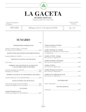 Gaceta # 152 Jueves 13 De Agosto 2009