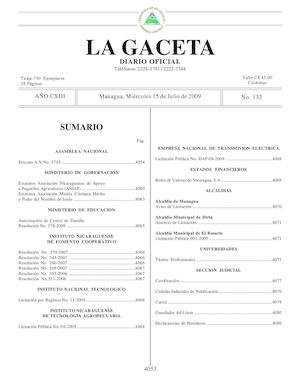 Gaceta # 132 Miércoles 15 De Julio 2009