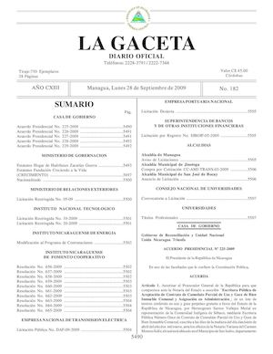 Gaceta # 182 Lunes 28 De Septiembre 2009