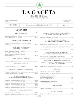 Gaceta # 192 Lunes 12 De Octubre 2009