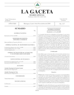 Gaceta # 217 Lunes 16 De Noviembre 2009