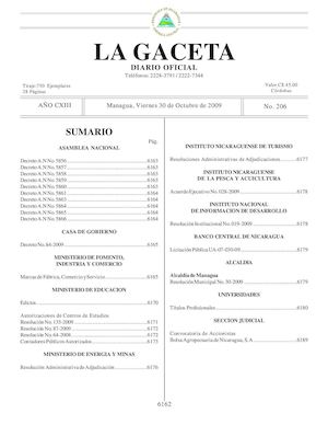 Gaceta # 206 Viernes 30 De Octubre 2009