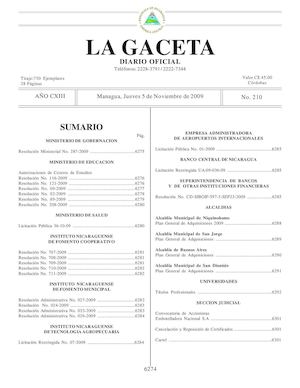 Gaceta # 210 Jueves 5 De Noviembre 2009