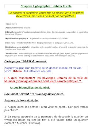 Chap 3 Géo Habiter La Ville
