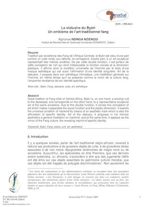«La statuaire du Byèri:Un emblème de l’art traditionnel fang», Revue Science Sud, Cenarest/Libreville, no 2, 2009, p. 103-116
