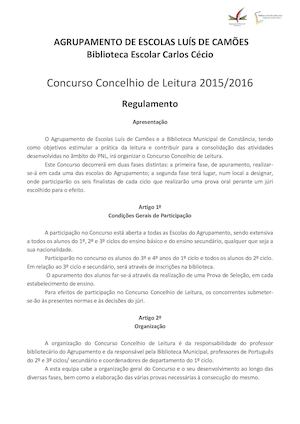 Regulamento Concurso Concelhio De Leitura