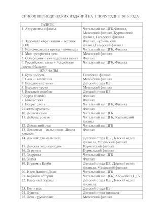 СПИСОК ПЕРИОДИЧЕСКИХ ИЗДАНИЙ НА 1 ПОЛУГОДИЕ 2016 ГОДА