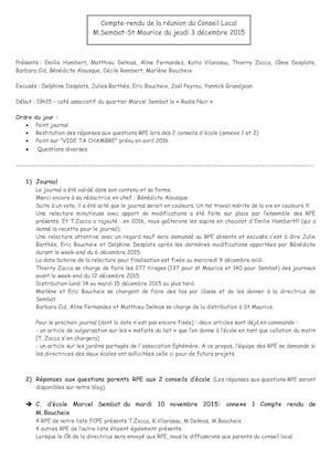 Compte-rendu de la Réunion du Conseil local Sembat-Saint-Maurice 03 12 15