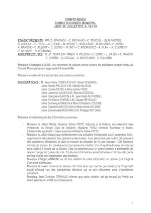 Compte rendu du conseil municipal du 26 Juillet 2012