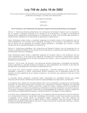 LEY 749 DE 2002