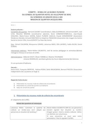 22 janvier 2016: compte-rendu du conseil de quartier Hôtel de ville/ Pont de Bois