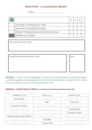 3° - Seconde guerre mondiale - Evaluation
