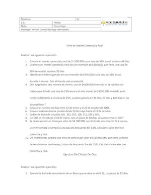 Ejercicio De Interes Real Y Comercial Y Calculo De Días