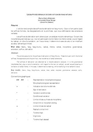 Les suffixes verbaux de dérivation en fang-ntumu, par Pierre ONDO-MEBIAME