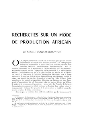 Recherches Sur Un Mode De Production Africain Par Catherine Coquery Vidrovitch 1969
