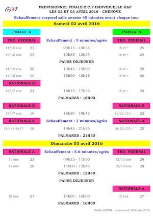 Organigramme Prévisionnel - Finale ZCF Individuelle GAF Chenôve 2016