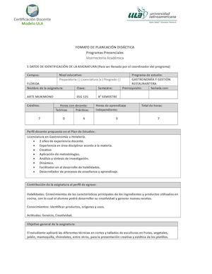 Planeación Didáctica: Tallado y composición artística de elementos decorativos para la gastronomía, equipos 2 y 3.
