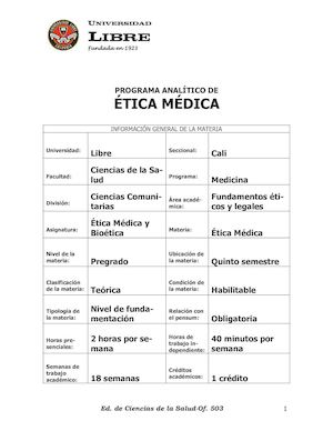 Programa Analítico de la Materia de Ética Médica